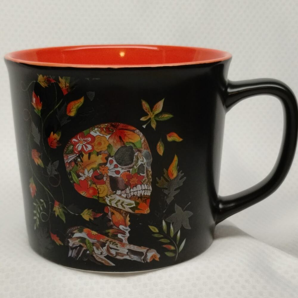 Prima Design Floral Sugar Skull Coffee Mug Black Orange Dia De Los Muertos Goth